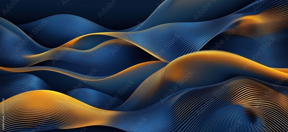 Poster abstract wave patterns in blue and gold tones creating a dynamic visual flow