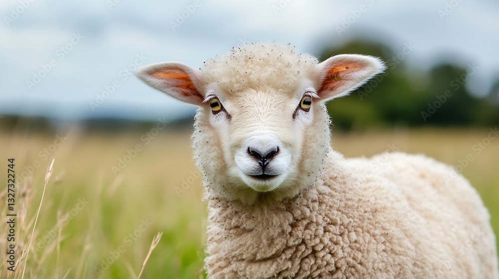 Poster cute sheep with a curious expression standing among tall grass in a tranquil pastoral setting : gene