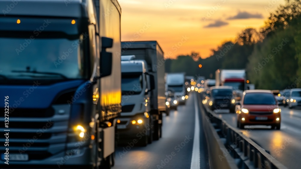 Poster busy highway at sunset with a flow of cars and trucks driving in both directions creating a dynamic 