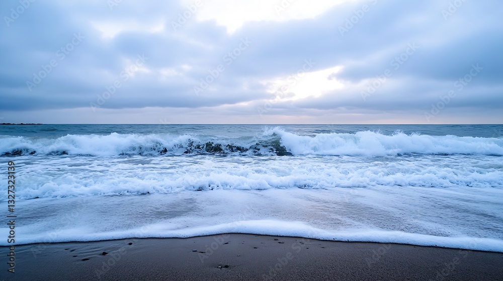 Poster waves crashing on a sandy beach under a dramatic cloudy sky at dusk : generative ai