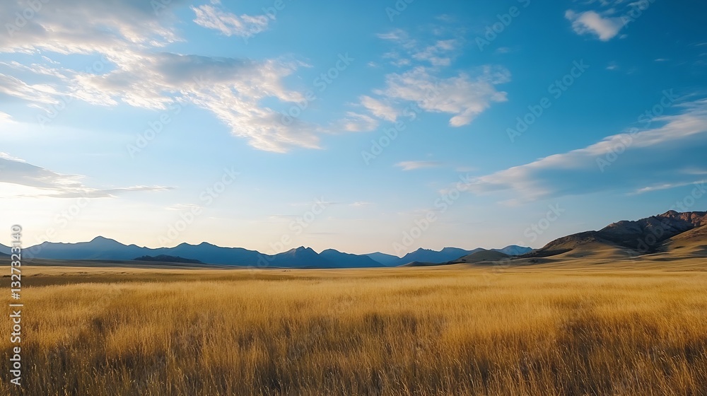 Aufkleber Expansive golden fields under a vibrant sky with distant mountains in the background : Generative AI