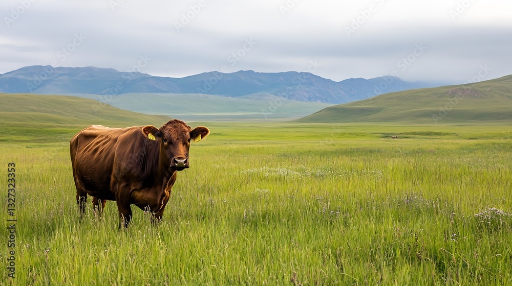 Poster brown cow grazing in a green meadow with mountains in the background : generative ai