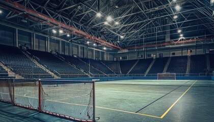 Deserted goals and seats in an empty indoor lacrosse arena.