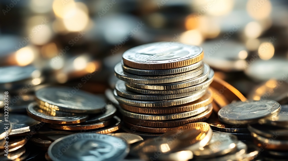 Poster closeup view of stacked coins representing wealth finance and savings in a vibrant financial setting