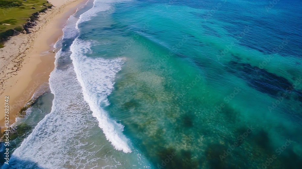 Poster aerial view of crystal clear ocean waves gently lapping on sunny sandy beach shoreline : generative 