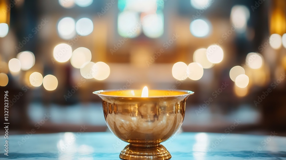 Poster golden bowl filled with candlelight creating a serene ambiance in a religious space : generative ai