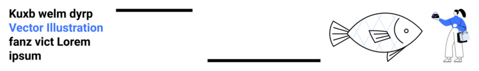 Person inspecting fish with magnifying glass, blending science and curiosity. Ideal for education, exploration, research, science, biology, curiosity discovery. Perfect flat landing page banner