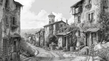 Fototapeta premium A serene black and white illustration of rustic houses lining a quiet, winding street in a historic village.