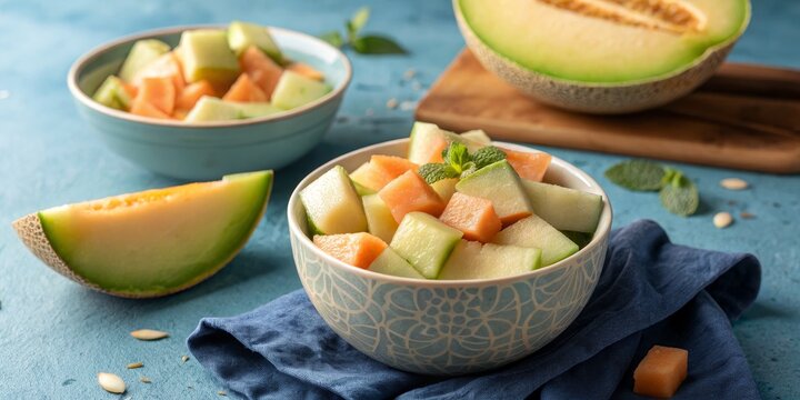 Fresh Melon Medley Bowls of Diced Cantaloupe and Honeydew,fruit salad,healthy eating