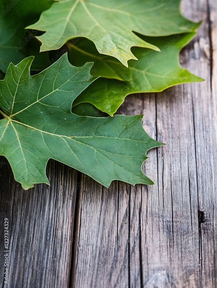 Aufkleber closeup of fresh green leaves resting on a rustic wooden table creating a natural and organic atmosp