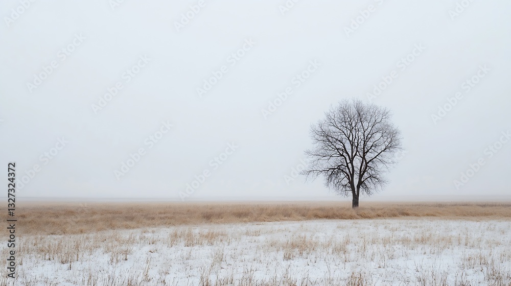 Poster Lonely tree in a vast field covered with snow under an overcast sky creating a minimalist scene : Generative AI