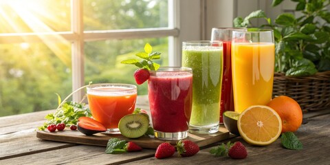Fototapeta premium Fresh Fruit Smoothies by the Window, Healthy ,Detox
