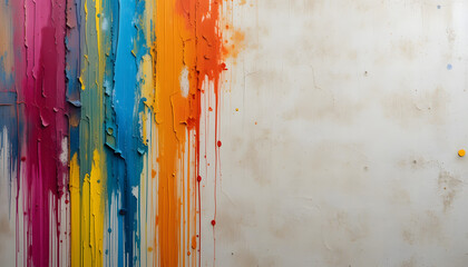 Vibrant multicolored paint drips running down a white canvas, creating a bold artistic texture with an abstract and expressive visual effect