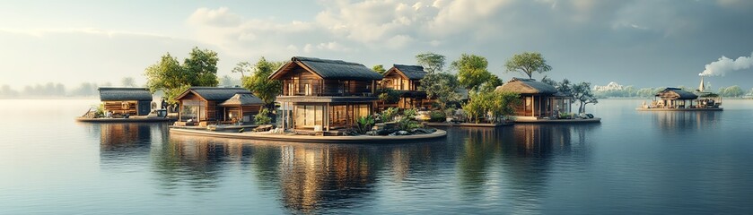 Fototapeta premium A floating village built with sustainable water filtration systems, thriving on a lake