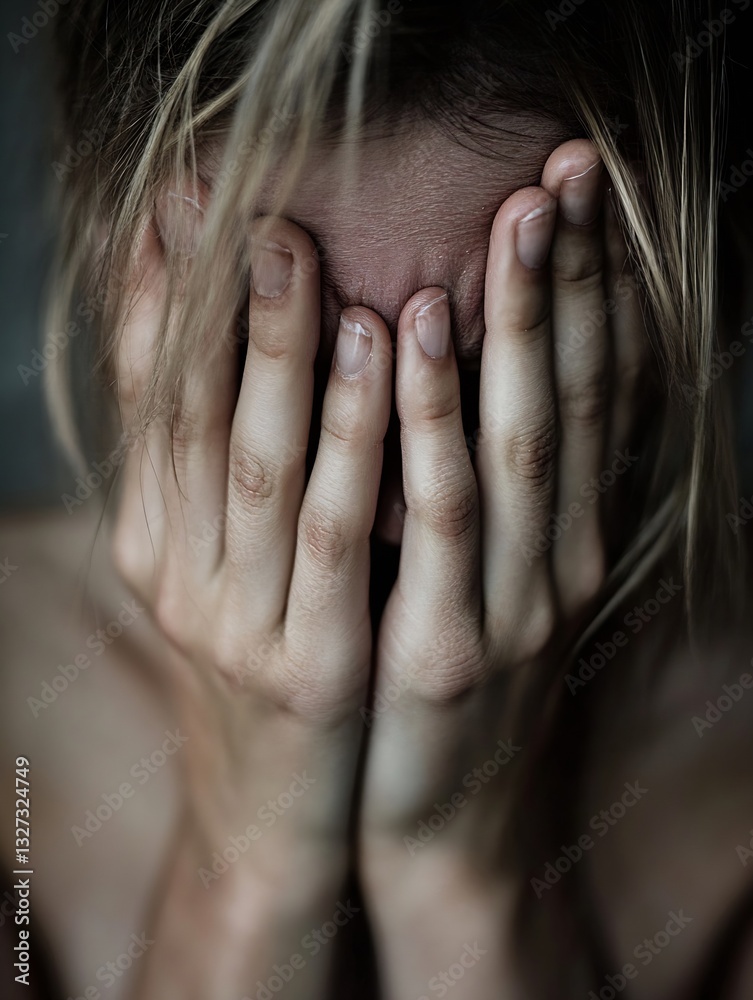 Poster woman covering face with hands depicting emotion and vulnerability in a serene atmosphere : generati