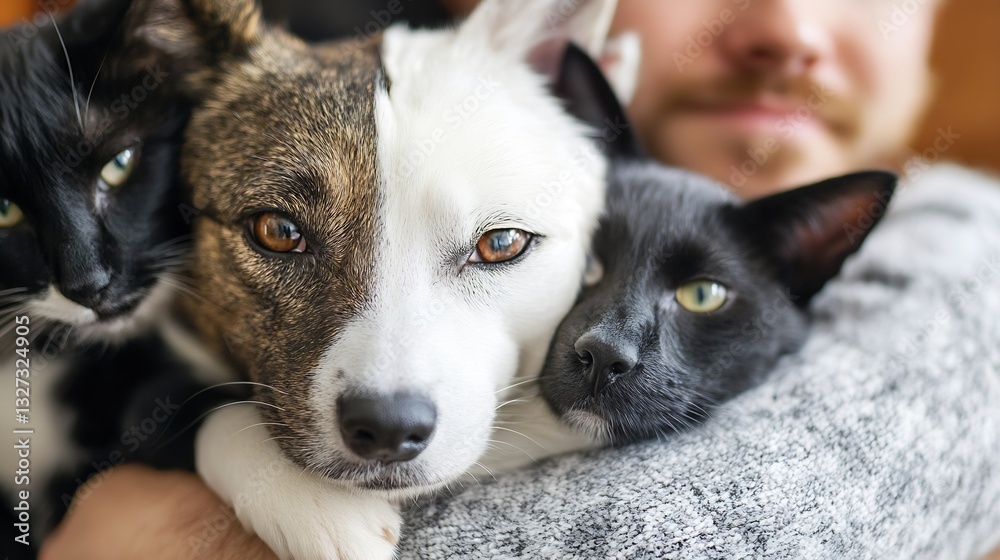 Poster adorable group of dogs and cats snuggled together with warm background and gentle light in cozy sett