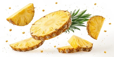 Flying Pineapple Slices and Chunks on White Backdrop,Tropical Fruit ,Vitamin C Boost