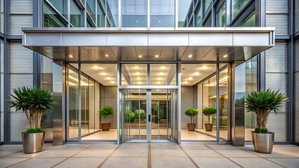 Fototapeta premium Modern office building with glass entrance doors and lush greenery