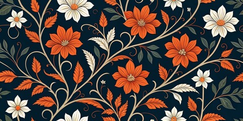Obraz premium Floral Harmony Orange and White Flower Pattern on Dark Blue, botanical , spring