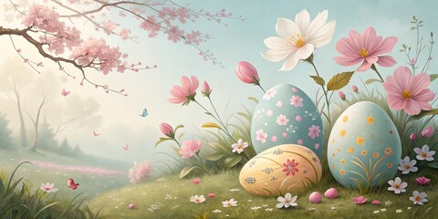 Floral Easter Egg Garden Painted Eggs, Blossoms and Butterflies Springtime ,Holiday