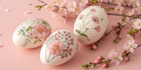 Fototapeta premium Floral Easter Eggs with Cherry Blossoms on Pink, Spring ,Decoration
