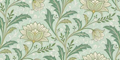 Fototapeta premium Floral Art Nouveau Wallpaper in Green and White, vintage, pattern