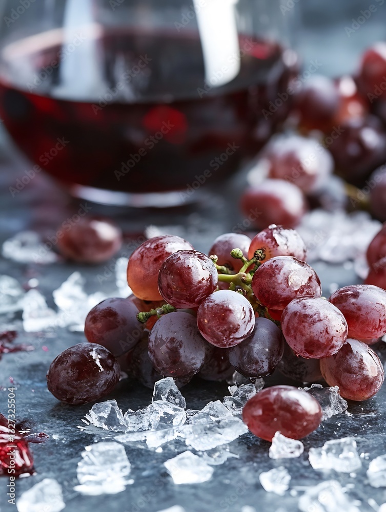 Poster juicy red grapes with ice crystals and wine glass creating a refreshing drink scene : generative ai