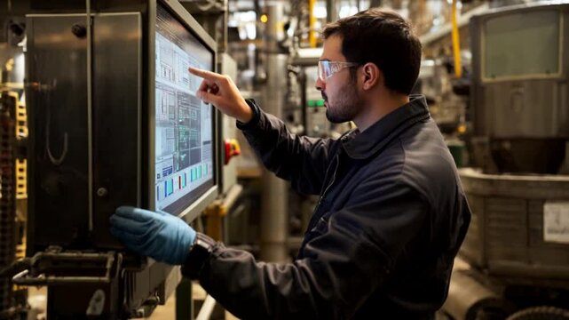 Engineer in a factory working in a screen with scada system.
