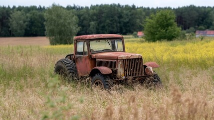 Fototapeta premium Old rusty tractor stranded in a field surrounded by wild grass and greenery evoking nostalgia : Generative AI