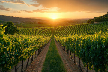 Obraz premium Vineyard rows glowing in the warm hues of a setting sun, casting long shadows over the picturesque landscape.