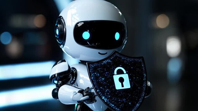 Cute small robot with an armor and a padlock symbol on it.