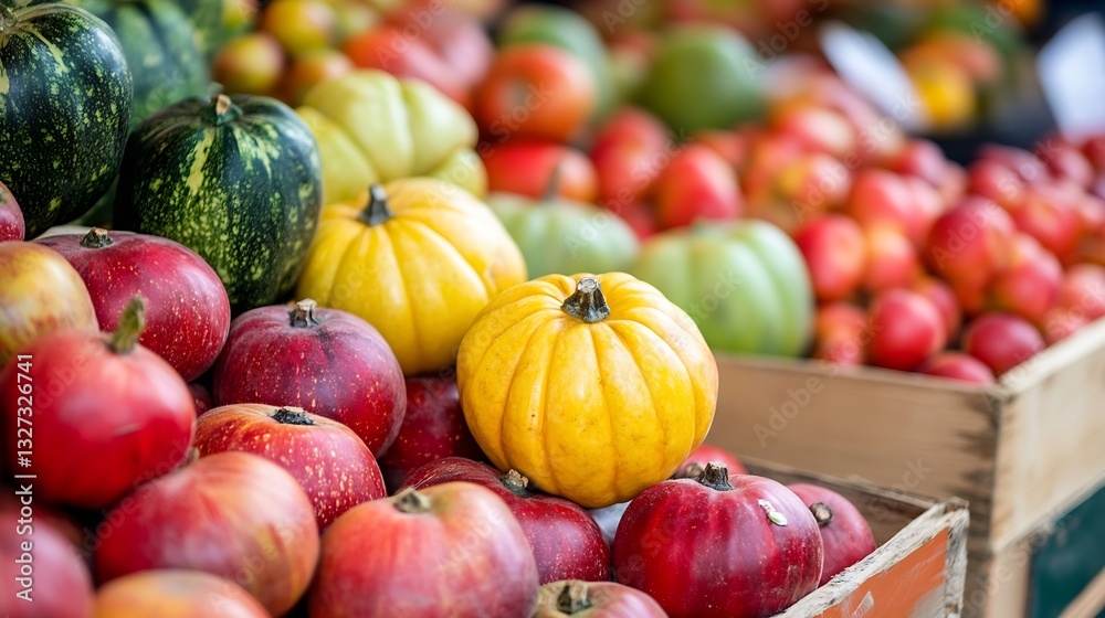 Poster vibrant display of assorted fresh fruits and vegetables at a local farmer's market : generative ai