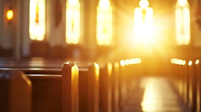 A warm and inviting interior view of a church illuminated by soft sunlight streaming through the stained glass windows : Generative AI
