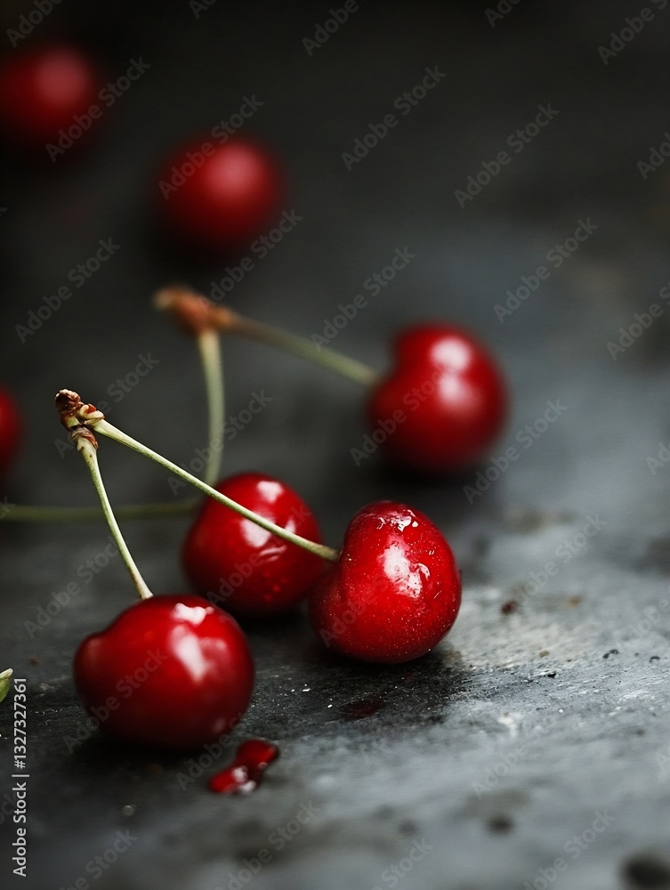 Poster Freshly Picked Ripe Cherries on Dark Surface with Light Reflection : Generative AI