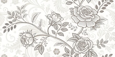 Elegant Floral Pattern Line Art Roses, White Background, botanical, vintage