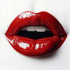 Close-up of glossy metallic red lips with gold highlights against a smooth white background.