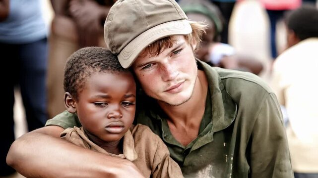 A humanitarian volunteer warmly embracing a young African boy, representing compassion and international aid efforts in developing communities.