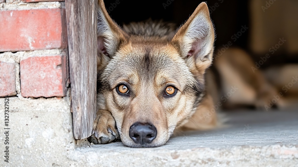 Poster close up of a calm and relaxed dog resting inside a cozy environment with natural lighting : generat