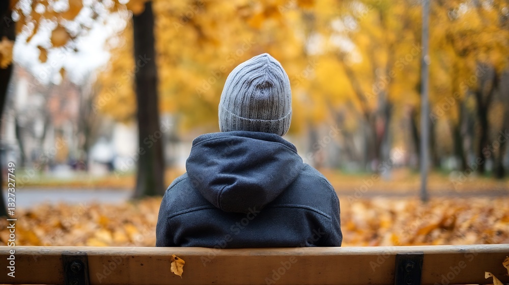 Aufkleber Back View of a Person in a Beanie Sitting on a Bench Surrounded by Autumn Leaves : Generative AI