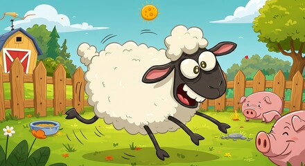 Naklejka premium Cartoon Sheep Running on Green Grass Field with Pigs in Background