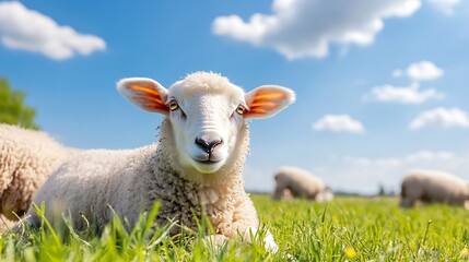 Obraz premium Charming fluffy sheep lying peacefully in green grass under blue sky : Generative AI