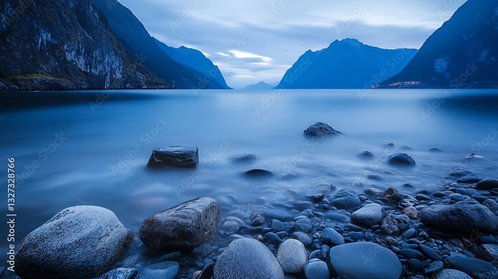 Poster tranquil scenic view of calm water surrounded by majestic mountains at twilight : generative ai