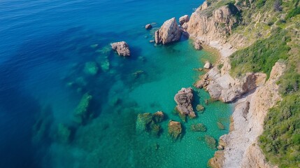 Fototapeta premium Aerial view of pristine coastline featuring clear turquoise waters and rocky cliffs in sunlight : Generative AI