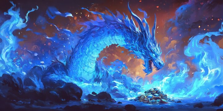 A majestic blue dragon surrounded by glowing ethereal smoke