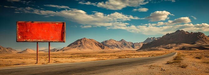 A deserted road cuts through a vast, arid landscape where an empty red billboard, a potential canvas for advertisements, stands as a stark reminder of the solitude that exists beneath a brilliant