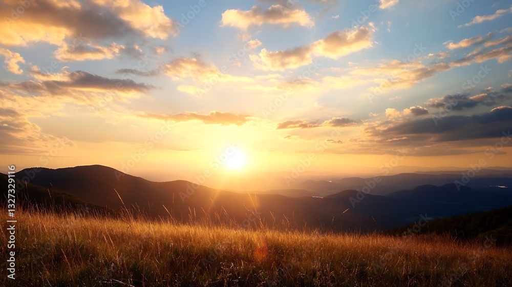 Poster golden sunset over hills with bright sunlight streaming between clouds creating a warm glow : genera