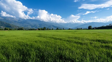 Fototapeta premium Expansive green rice fields surrounded by mountains under a stunning blue sky : Generative AI