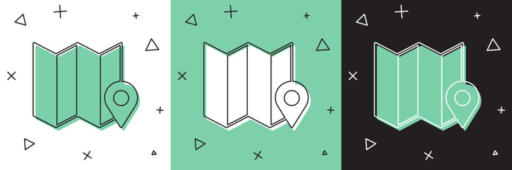 Set Folded map with location marker icon isolated on white and green, black background. Vector