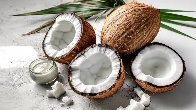Freshly cracked coconuts lay open, showcasing their creamy interior and smooth coconut oil. Ideal for cooking, baking, and various health applications, this is a tropical treat