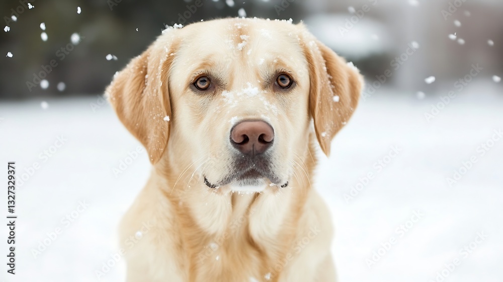 Poster closeup portrait of a fluffy yellow labrador retriever dog with snowflakes gently falling on its fur